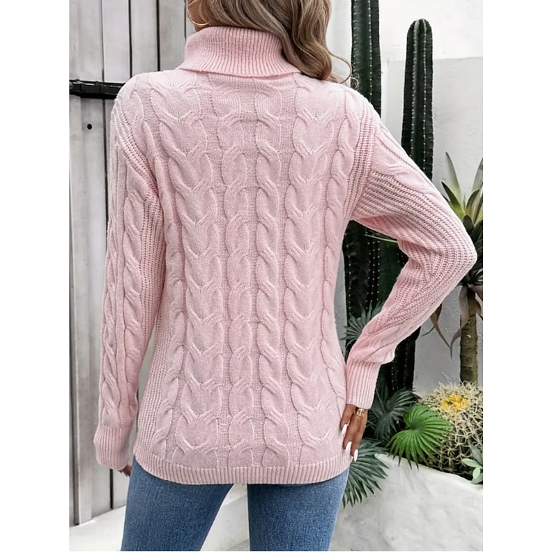 Women's Sweater Casual Soft Pure Color Cable Turtleneck Knitted Long Sleeve Regular Tops Knit Outdoor Daily Weekend Pink Khaki Fall Winter3