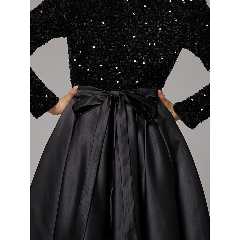 Ball Gown Evening Gown Sparkle & Shine Dress Wedding Guest Wedding Party Floor Length Long Sleeve V Neck Pocket Satin with Sequin Pocket Masquerade Dress3