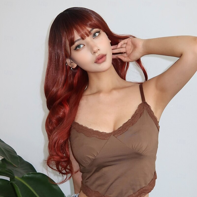 Synthetic Wig Curly Wavy Neat Bang With Bangs Machine Made Wig 26 inch sepia Synthetic Hair Women's Cute Cosplay Party Brown2