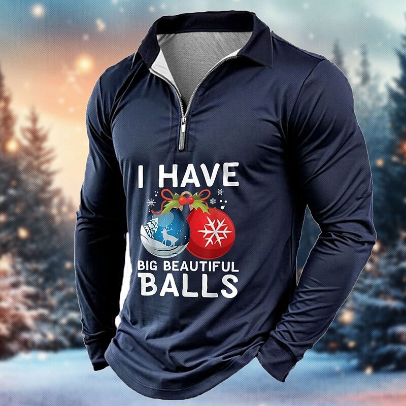Christmas Men's Funny Zip Polo Long Sleeve Polo Shirts Collar Business Casual Vacation Party Evening Wear New Years Eve Shirts 3D Print Spring Fall & Winter Black Wine Blue