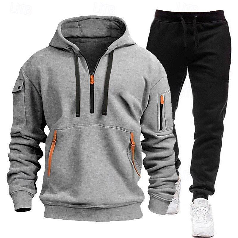 Men's Hoodie Tracksuit Sweatsuit Black White Navy Blue Blue Light Grey Hooded Half Zip Plain 2 Piece Sports & Outdoor Daily Holiday Polyester Streetwear Casual Spring &  Fall Clothing Apparel Hoodies