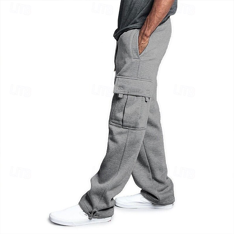 Men's Fleece Pants Sweatpants Joggers Trousers Cargo Sweatpants Drawstring Elastic Waist Multi Pocket Plain Comfort Breathable Casual Daily Holiday Sports Fashion Black White3