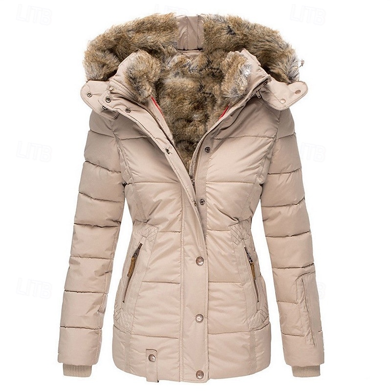 Women's Puffer Jacket Daily Winter Long Coat Fashion Streetwear Jacket Long Sleeve Fur Trim Patchwork Black Pink Navy Blue2