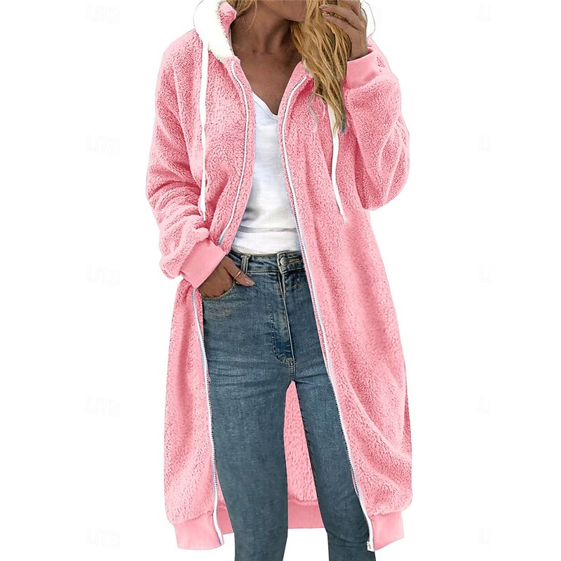Women's Winter Coat Teddy Coat Outdoor Street Daily Wear Fall Winter Long Coat Regular Fit Thermal Warm Breathable Stylish Casual Jacket Long Sleeve Plain with Pockets Full Zip White Pink Blue3