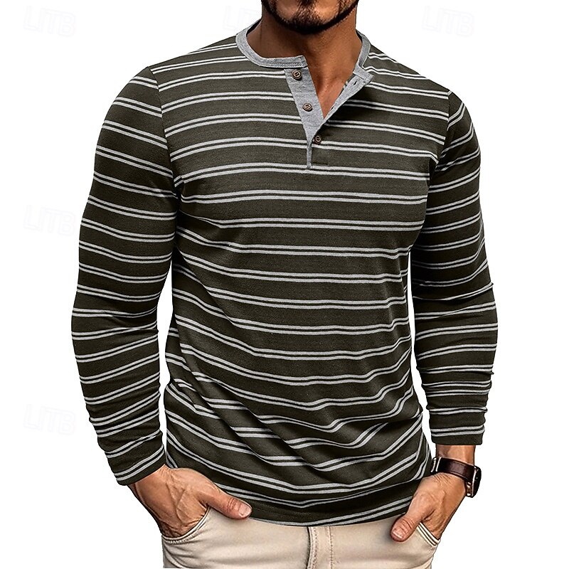 Men's Button T Shirt T Shirt Henley Shirt Tee Long Sleeve Henley Spring &  Fall Striped Fashion Designer Basic Buttons Vacation Street Going out Black White Khaki Top Tee for Men2