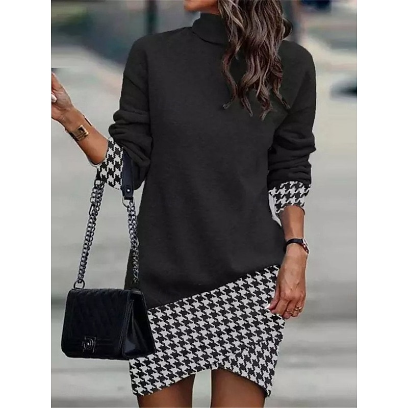 Women's Ombre Plaid Turtleneck Mini Dress Long Sleeve Spring Fall3