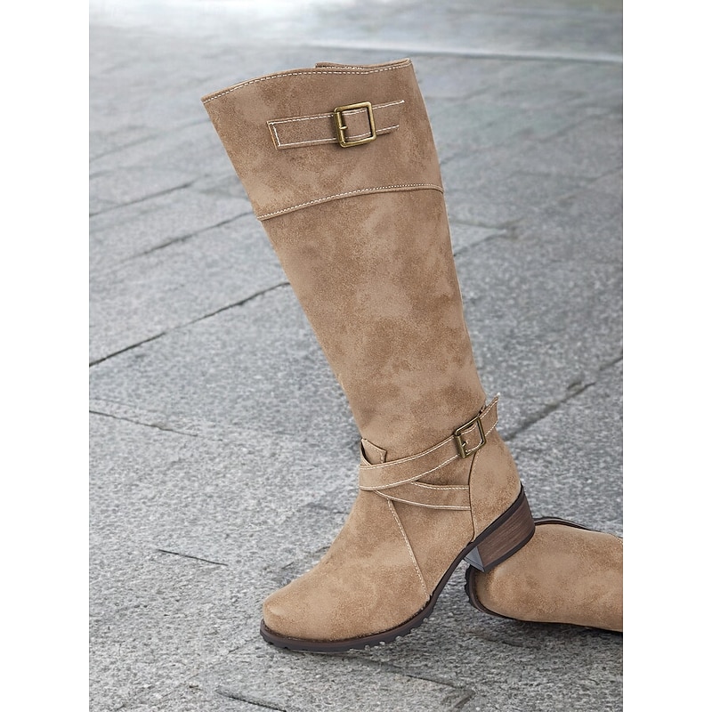 Women's Tan Knee-High Riding Boots – Faux Suede with Buckle Detail, Low Heel, and Rugged Sole for Fall & Winter Fashion2