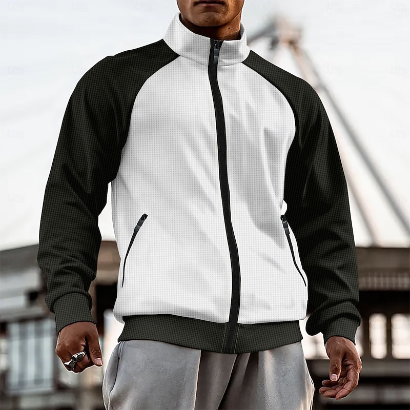 Men's Zip Up Hoodie Full Zip Hoodie Zip Hoodie Sweatshirt Zip Up Hoodies White Brown Khaki Gray Standing Collar Color Block Plain Zip Up Patchwork Sports & Outdoor Daily Holiday Streetwear Basic3