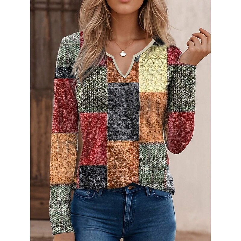 Women's T Shirt Color Block Fashion Modern Casual Long Sleeve V Neck Regular Tops Daily Weekend Patchwork Print Orange Fall Winter