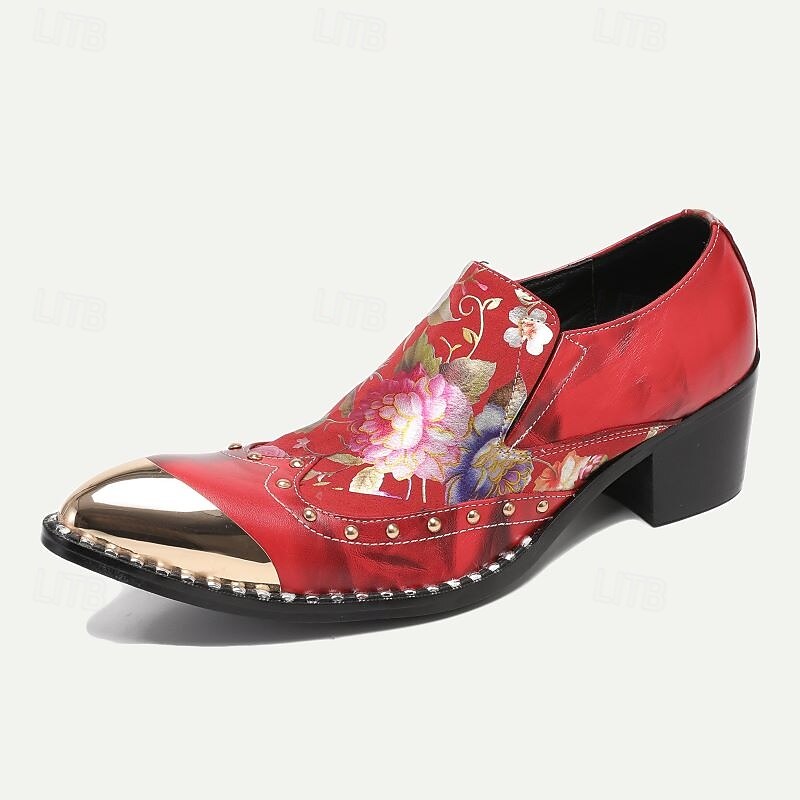 Men's Bold and Stylish Red Leather Loafers with Floral Embroidery and Gold Toe Cap - Unique and Stylish for Weddings or Parties3
