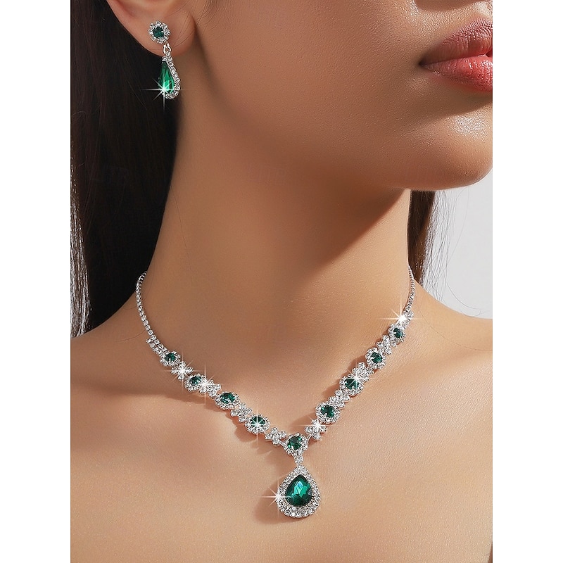 Green Teardrop Crystal Jewelry Set - Necklace and Earrings with Rhinestone Accents for Women, Perfect for Weddings and Formal Events - Main Image