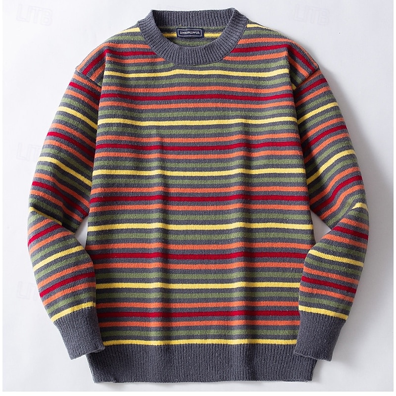 Men's Sweater Pullover Sweater Jumper Striped Sweater Xmas Sweater Ribbed Chunky Knit Classic Rainbow Crew Neck Christmas Knitwear Christmas Home Clothing Apparel Fall Winter Red M L XL2