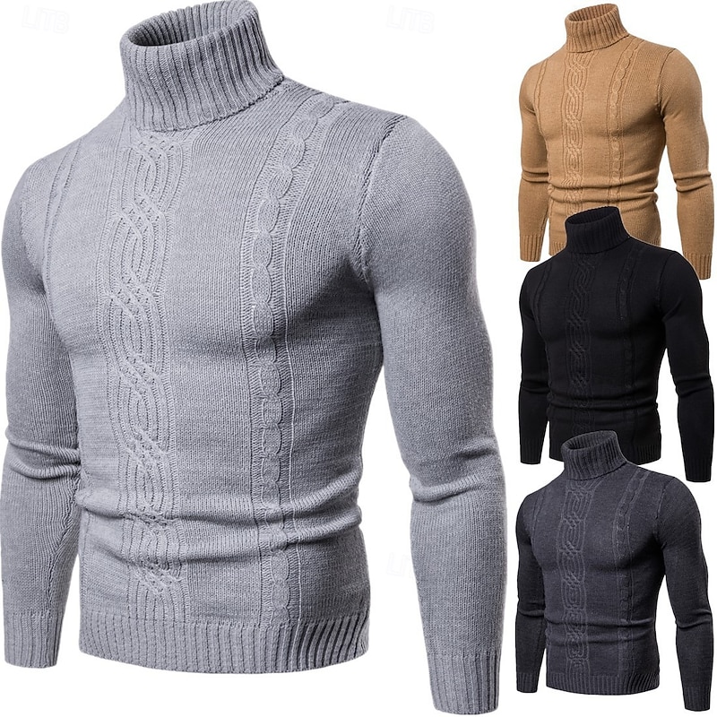 Men's Turtleneck Sweater Pullover Sweater Jumper Cable Knit Regular Knitted Slim Fit Plain Turtleneck Modern Contemporary Work Daily Wear Clothing Apparel Winter Spring &  Fall Black Khaki M L XL