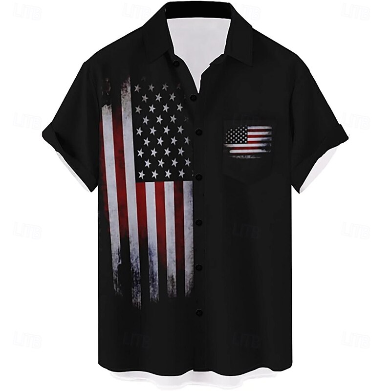 Men's American Flag Bowling Shirt Button Up Shirt Short Sleeve Hawaiian Casual Casual Athleisure Summer Spring Turndown Pocket Black
