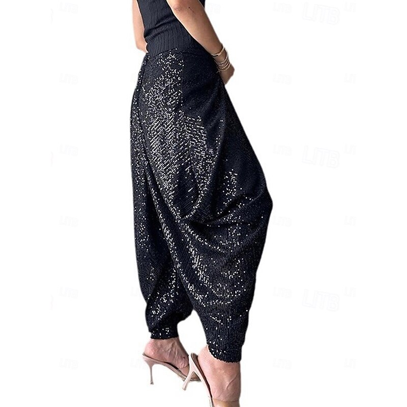 Bloomers Punk Fashion Full Length High Waist Solid Color Sequins Comfy Breathability Soft Micro-elastic Outdoor Street Black Champagne Spring &  Fall Loose Fit3