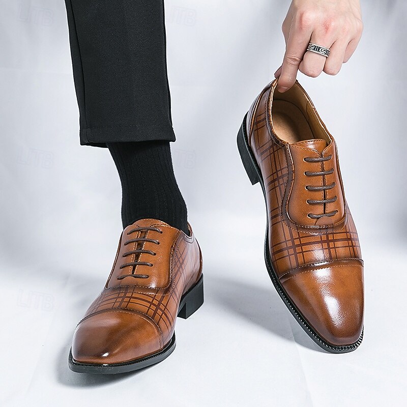 Men's Brown Plaid Pattern Oxford Dress Shoes – Faux Leather Lace-Up Formal Shoes for Office and Business Wear2