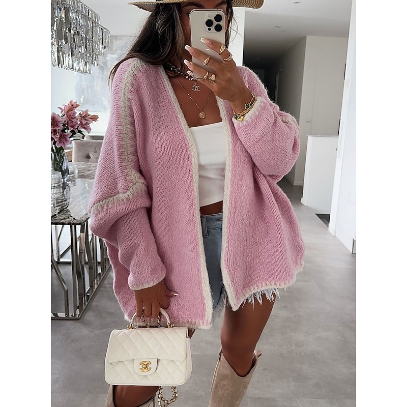 Women's Sweater Cardigan Casual Soft Pure Color Ribbed Open Front Patchwork Knitted Braided Long Sleeve Regular Tops Knit Outdoor Daily Weekend Black Pink Fall Winter