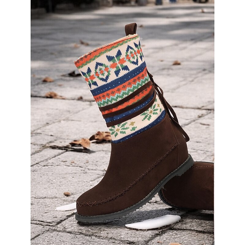Women's Retro Knit Pattern Winter Boots – Suede Upper with Tribal Design and Warm Lining, Ideal for Cold Weather and Casual Outfits4