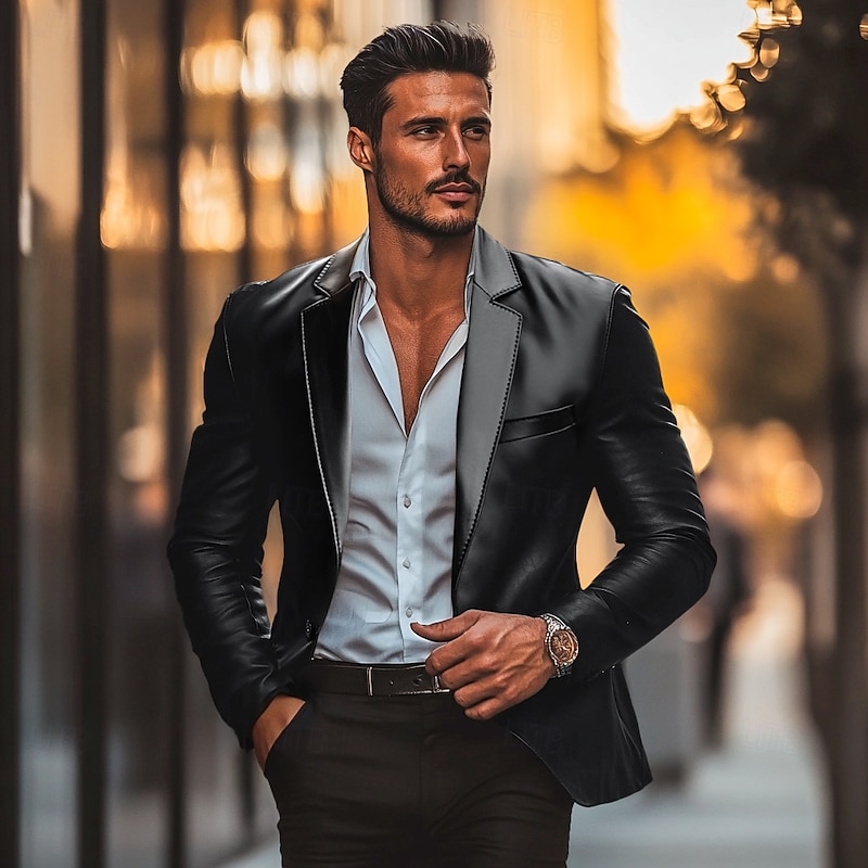 Men's Blazer Office Work Street Pocket Fashion Casual Spring &  Fall Polyester Faux Leather Plain Pocket Casual / Daily Single Breasted Blazer Black
