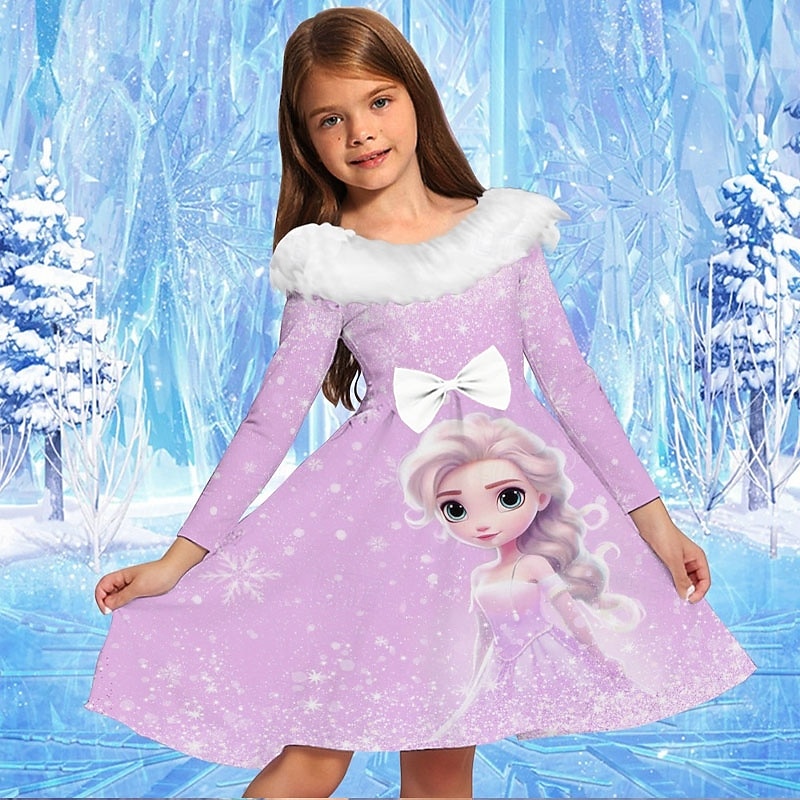 Girls' 3D Graphic Cartoon Snowflake Dress Ruffle Dress Long Sleeve Spring Fall Vacation Daily Holiday Beautiful Sweet Kids 4-12 Years Party Dress A Line Dress Knee-length Regular Fit4