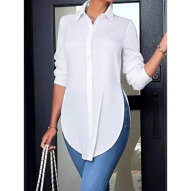 Women's Blouse Solid Color Daily Stylish Long Sleeve Shirt Collar Party Work Daily Buttons White Beige Spring Fall