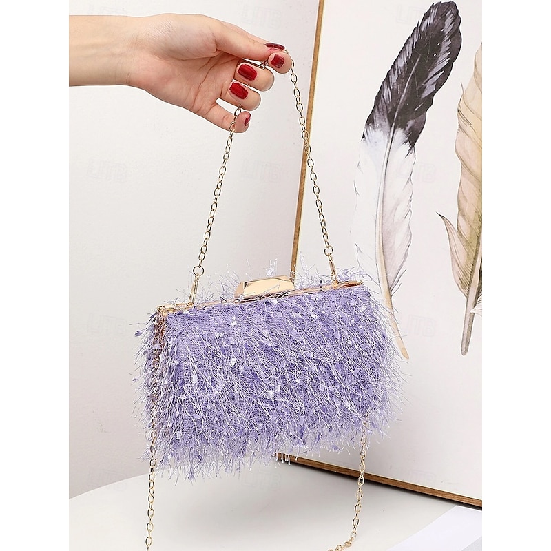 Women's Chic Feathered Evening Clutch with Chain Strap, Elegant Purple Party Purse for Weddings, Proms, and Special Events2