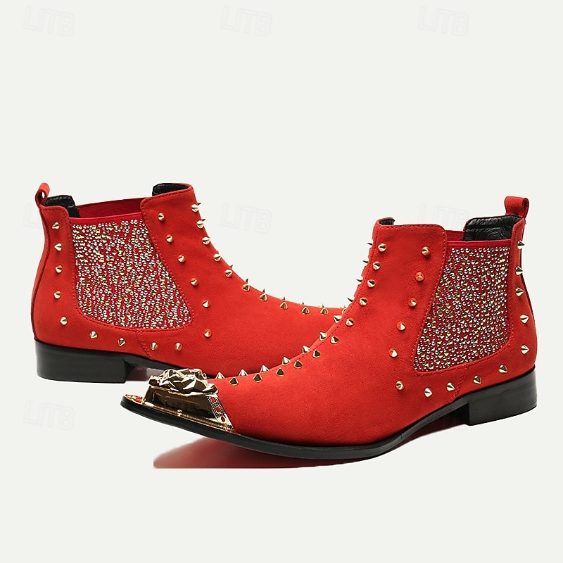 Men's Red Studded Leather Ankle Boots with Metallic Cap Toe and Sparkling Side Panels – Premium Cowhide Statement Footwear for Punk & Fashion-Forward Styles3