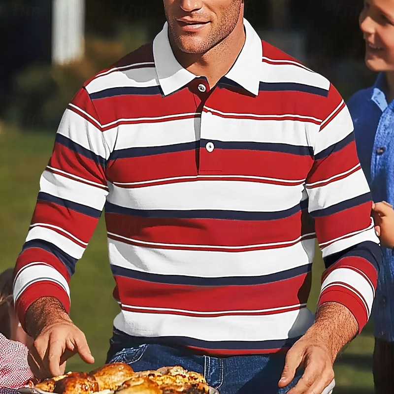 Men's Color Block Stripes Rugby Polo Shirts Long Sleeve Polo Shirts Lapel Classic Fashion 3D Print Modern Casual Sports Stripe Fall Winter Yellow Red Purple4