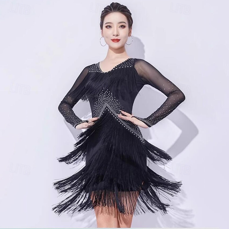Latin Salsa Dance Dress Rhinestone Tassel Splicing Women's Performance Training Long Sleeve Mesh Milk Fiber2