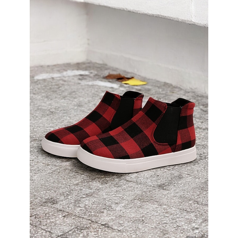 Women's Red Plaid Ankle Boots with Elastic Sides – Stylish Winter Slip-On Sneakers for Casual Holiday Wear2