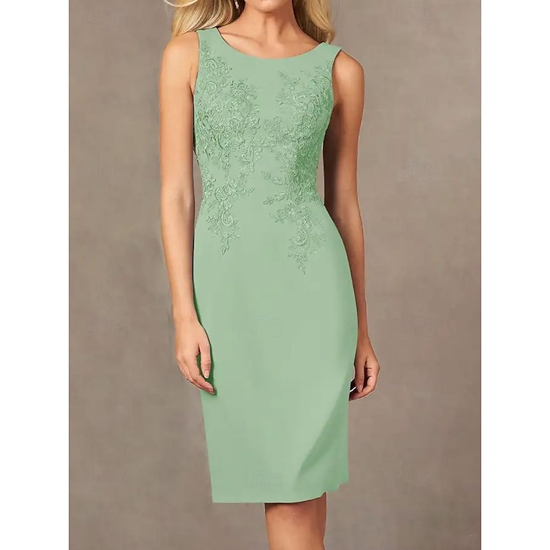 Two Piece Sheath / Column Dress Beach Wedding Suit Mother of the Bride Dress Simple Jewel Neck Knee Length Stretch Fabric Jacket Dresses with Embroidery Appliques Race Day Dress2