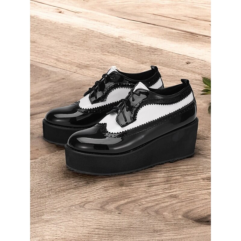 Women's Black and White Platform Brogue Oxfords – Vintage Patent Leather Lace-Up Shoes with Thick Sole