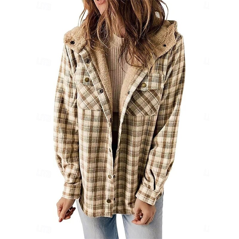 Women's Winter Coat Fleece Jacket Hoodie Jacket Outdoor Street Daily Wear Fall Winter Regular Coat Regular Fit Thermal Warm Breathable Stylish Casual Jacket Long Sleeve Stripes and Plaid with Pockets3
