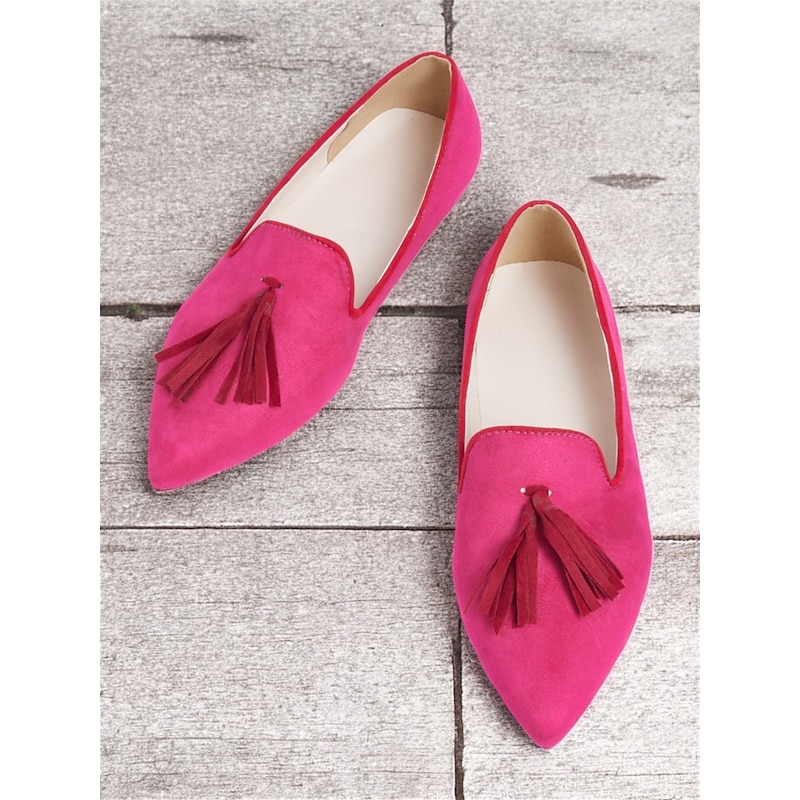 Women's Pointed-Toe Pink Tassel Loafers – Chic Slip-On Flats for Casual and Office Outfits