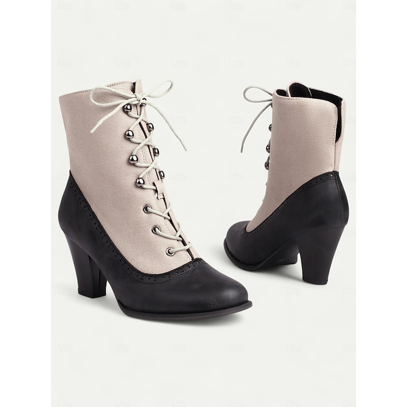 Women's Victorian Lace-Up Ankle Boots with Vintage Brogue Detailing – Faux Leather and Fabric High Heel Boots for Retro Fashion4