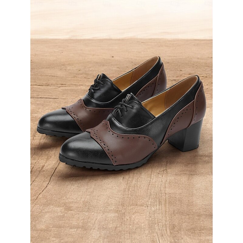 Women's Vintage-Inspired Two-Tone Faux Leather Brogue Oxfords with Block Heel - Classic and Comfortable for Work or Casual Wear3