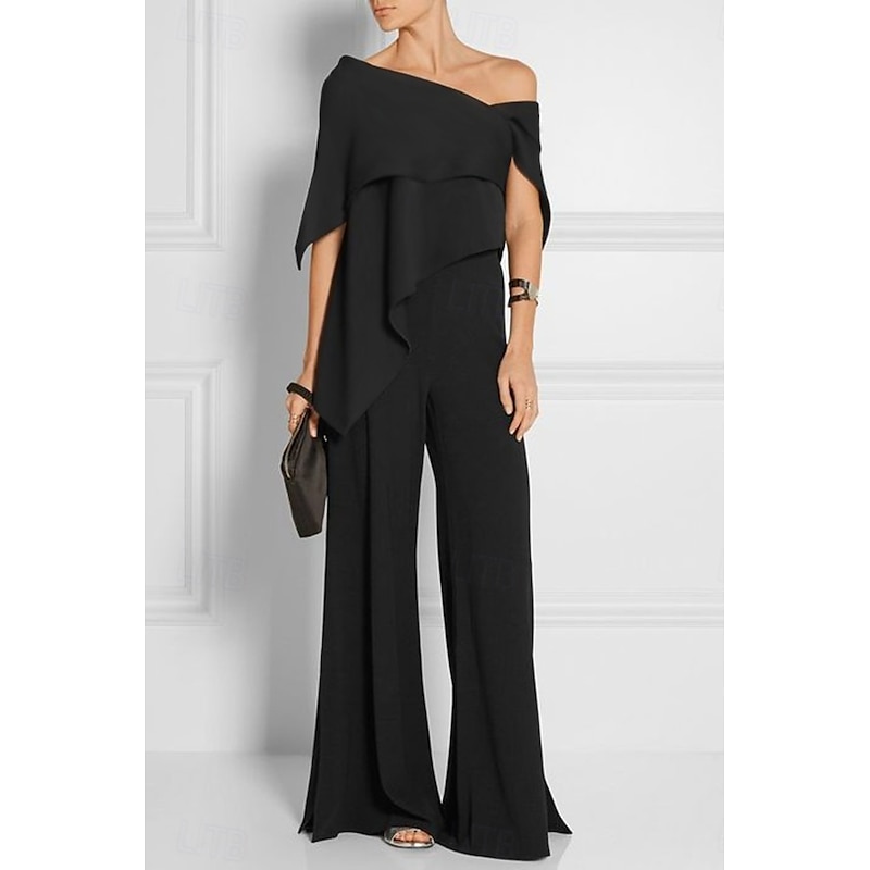 Jumpsuits Mother of the Bride Wedding Guest es Elegant  Formal Wedding Party Floor Length Short Sleeve Off Shoulder Fall Wedding Guest Chiffon with Ruffles
