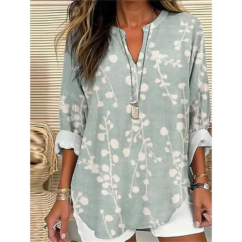 Women's Shirt Blouse Floral Casual Long Sleeve Notched Neck Regular Tops Daily Print White Blue Khaki Fall Winter2