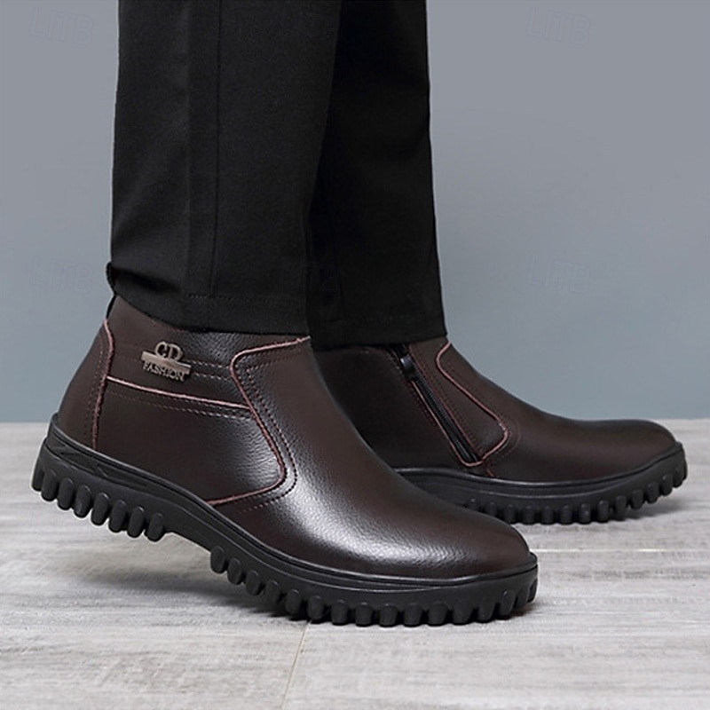 Men's Warm Leather Chelsea Boots with Fur Lining and Zipper - Casual and Cozy Perfect for Winter2