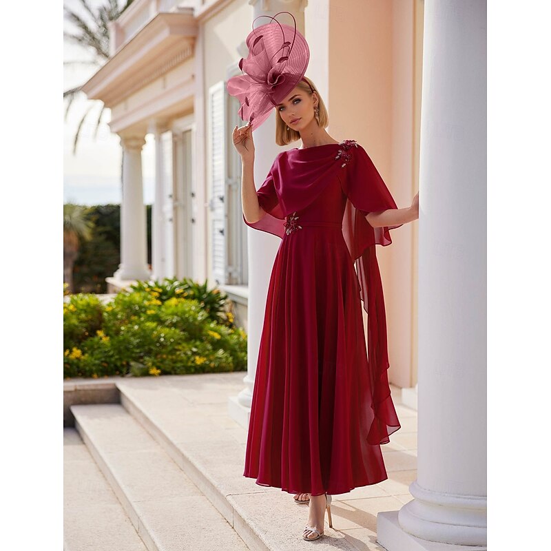 A-Line Dress Mother of the Bride Dress Elegant Bateau Neck Ankle Length Stretch Chiffon Short Sleeve with Lace Tier Solid Color Race Day Dress3