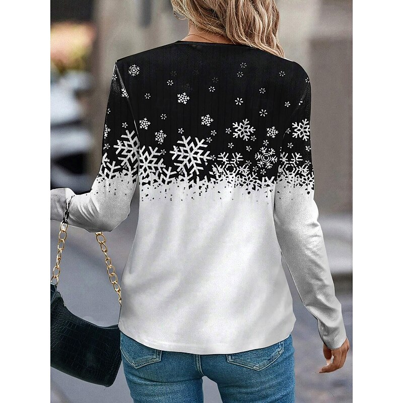 Women's T shirt Crew Neck Long Sleeve Tunic Modern Casual Snowflake Regular Tops  Print Regular Fit Daily Weekend White Fall Winter2