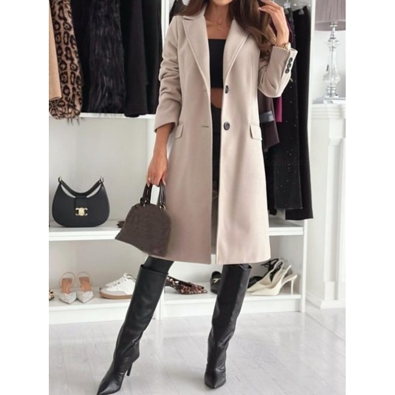 Women's Coat Warm Comfortable Buttons Elegant Solid Color Daily Wear Single Breasted V Neck Regular Fit Long Sleeve Outerwear Black Khaki Coffee Winter