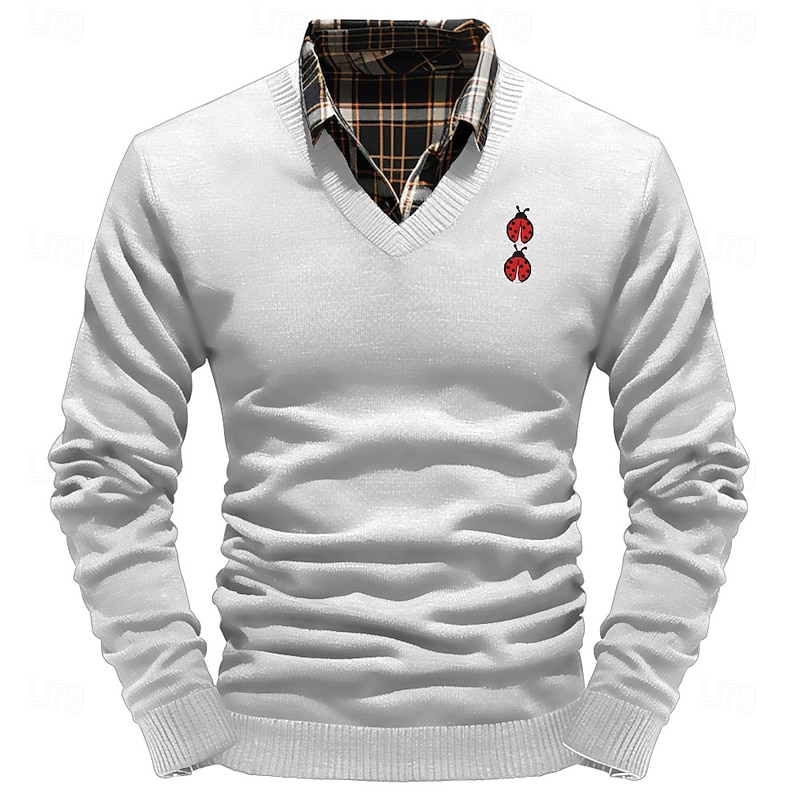 Christmas Men's Beetles Pullover Sweater Jumper V Neck Casual Outdoor Daily New Years Eve Sweater Embroidered Knitting Warm Long Sleeve Fall Winter Wine Black White