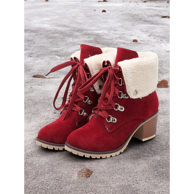 Women's Red Suede Lace-Up Ankle Boots with Faux Fur Collar and Block Heel – Warm and Stylish Winter Boots for Outdoor Wear