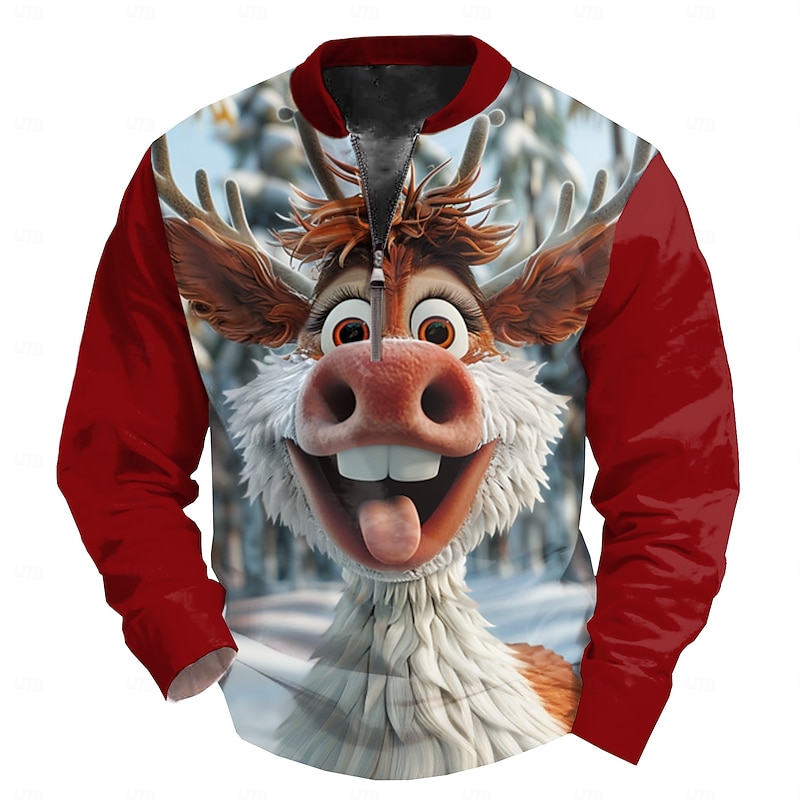 Christmas Men's Cartoon Deer Long Sleeve T shirt Print Standing Collar Shirt Fashion Outdoor Casual Daily Holiday Lake Blue Black Yellow Spring Fall Winter Clothing Apparel Normal S M L XL XXL XXXL