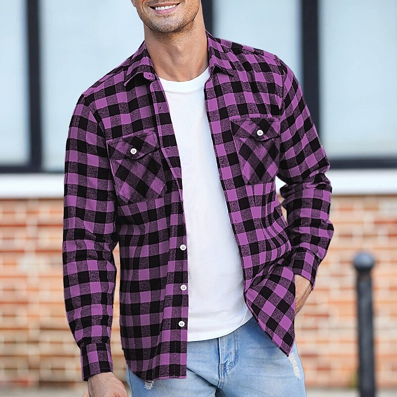 Men's Shirt Flannel Shirt Overshirt Plaid Outdoor Street White Red Blue Purple Long Sleeve Winter Spring &  Fall Clothing Apparel2