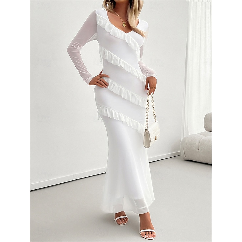 Women's Casual Dress Maxi Dress Ruffle Vacation Date Elegant Streetwear V Neck Long Sleeve Black White Burgundy Color2