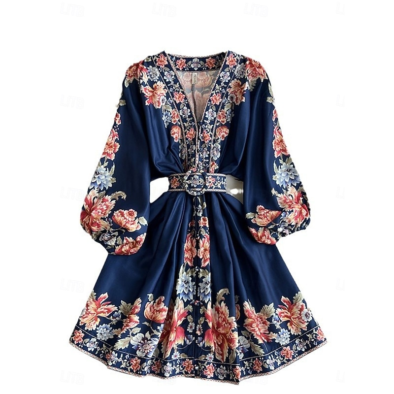 Women's Midi Dress Casual Dress Swing Dress A Line Dress Boho Dress Vintage Casual Daily Regular Fit Floral Long Sleeve V Neck Dark Blue Beige Spring Fall2