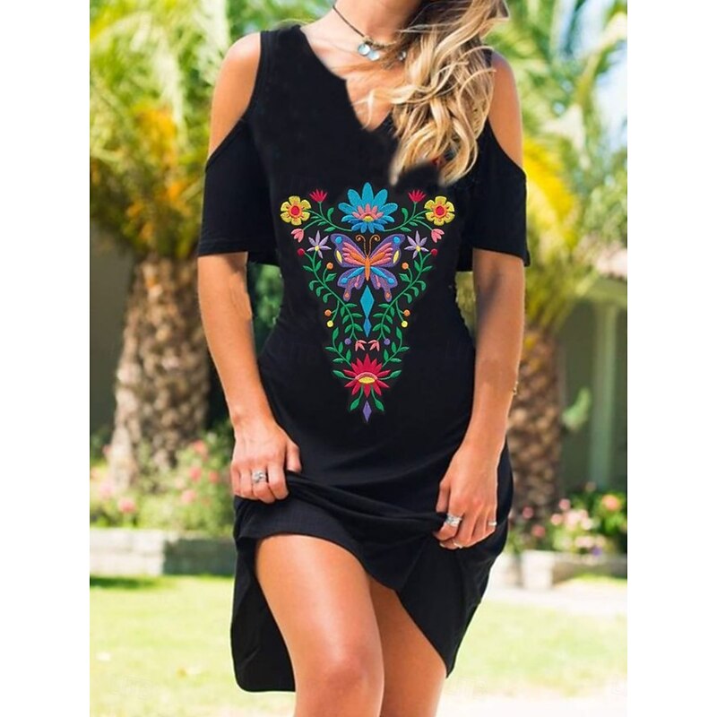Women's Mini Dress Petite Dress Casual Dress Boho Dress Vintage Ethnic Casual Daily Regular Fit Floral Butterfly Short Sleeve Notched Neck Black White Blue Summer Spring Fall3