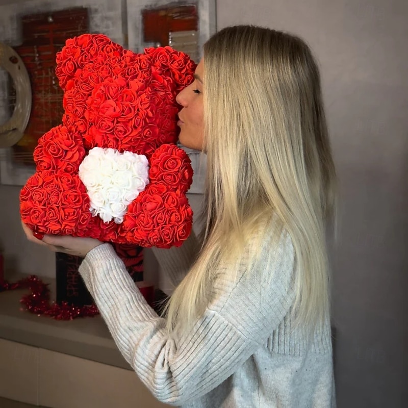 Valentines Day Gifts for Her,Rose Bear with Heart 25/40cm Artificial Rose Flower Bear, Romantic Gift for Valentines Day, Wedding, Mothers Day and Anniversary, Including Transparent Gift Box3